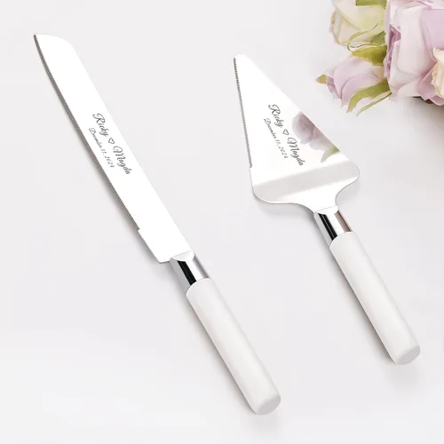 Vista 8 de Juego de corte de pasteles personalizado para bodas, cuchillos de pastel y servidor, grabado gratis, cortador de pastel de postre de madera Plateado
