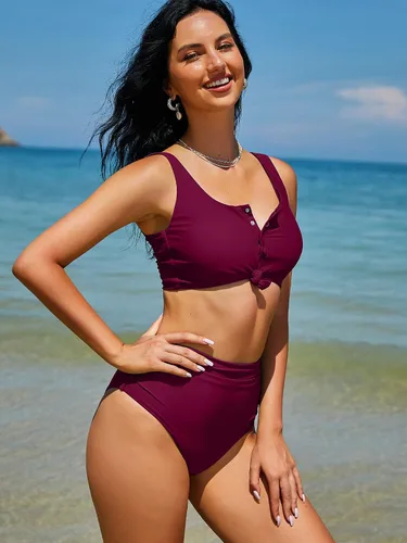 Vista 3 de ZAFUL - Traje de baño estilo bikini de dos piezas con cuello redondo y cintura alta para mujer
