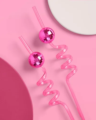 Vista 5 de xo, Fetti Juego de pajitas espirales de bola de discoteca rosa, 16 piezas, decoraciones de fiesta de cumpleaños de eras, regalo de fiesta de club
