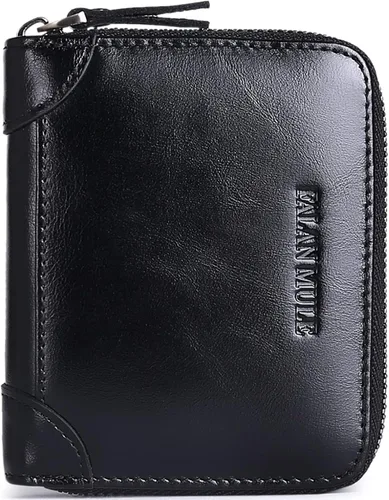 Vista 17 de FALAN MULE Cartera de cuero genuino con bloqueo RFID para hombre con cremallera bolsillo para monedas, ventana de identificación ABA-negro