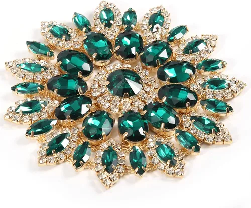 Vista 9 de Broche de flores de diamantes de imitación de cristal, base de oro verde para mujer, broche de ramillete grande de 4.3 in, bolso de bufanda