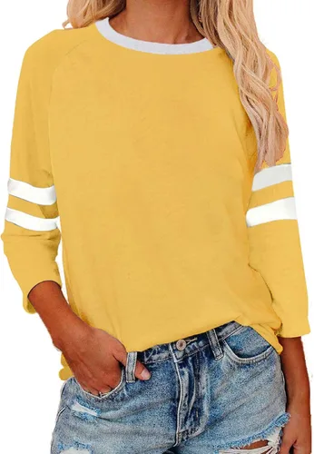 Vista 12 de Camisas de manga 3/4 para mujer, camisetas de verano con cuello redondo, camisetas básicas sueltas de mezcla de algodón para mujer
