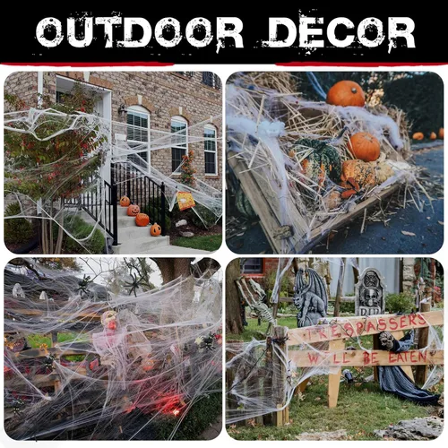 Vista 5 de 1000 pies cuadrados de telarañas de Halloween, decoración con 30 arañas falsas, telarañas superelásticas para suministros de fiesta de Halloween