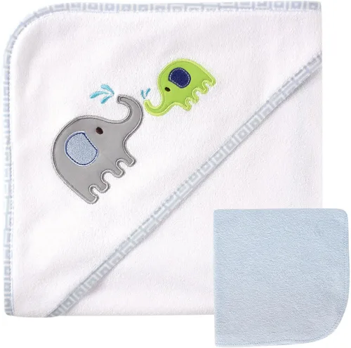 Vista 4 de Luvable Friends Toalla y toallita unisex con capucha para bebé, ballena azul, talla única (paquete de 2)