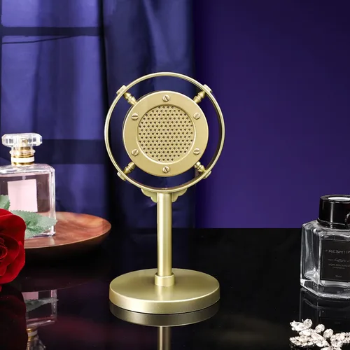 Vista 6 de Facmogu 2 piezas de accesorios de micrófono de estilo retro dorado, adorno de mesa de micrófono de plástico falso para el hogar, Halloween, boda