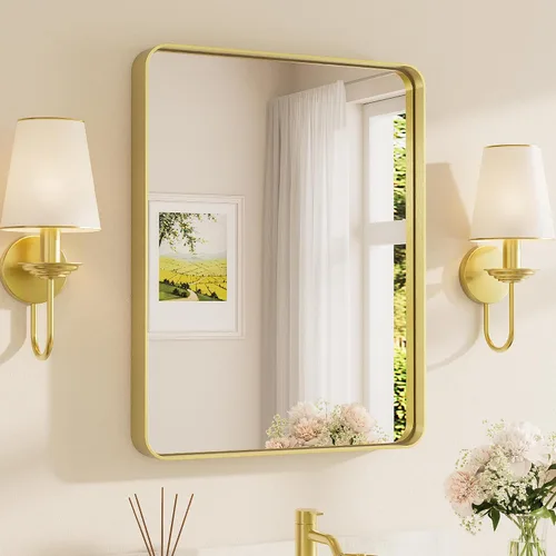 Vista 75 de Espejo de marco dorado cepillado de 16 x 24 pulgadas, espejo de tocador de baño de latón dorado para pared, espejo enmarcado rectangular de esquina
