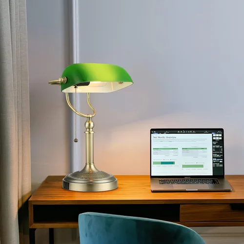 Vista 2 de Puerto de carga rápida USB Lámpara de escritorio de banqueros de vidrio verde y lámpara de escritorio de banqueros de vidrio regulable