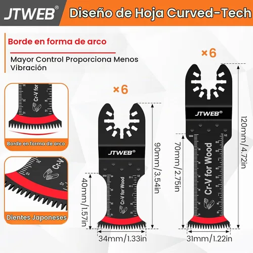 Vista 2 de JTWEB Hojas de sierra oscilantes de dientes japoneses de madera, 12 piezas estándar y de alcance extra largo con borde en forma de arco, cuchillas