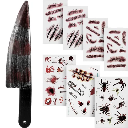 Vista 7 de Outus Cuchillo falso de Halloween con 7 hojas de tatuaje de cicatriz para disfraz de fiesta de Halloween (estilo B)