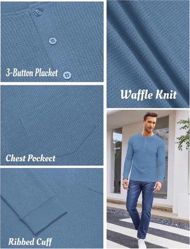 Vista 4 de COOFANDY Camisas Henley de manga larga para hombre con bolsillo