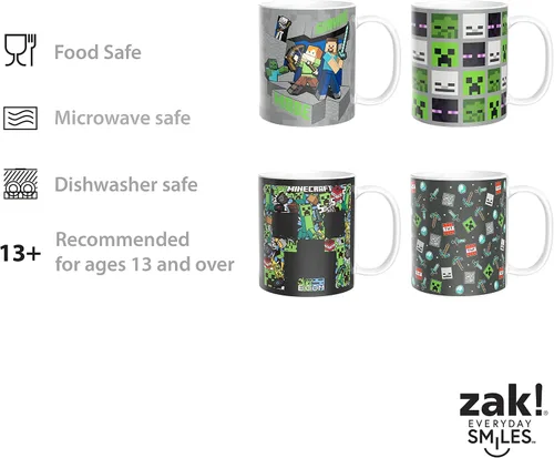 Vista 4 de Zak Designs Minecraft - Juego único de tazas de café de cerámica, tazas de café con mango cómodo para regalos de jugadores, aptas para lavavajillas