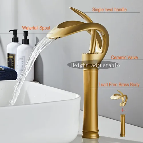 Vista 4 de Grifo de Lavabo para Baño de Diseño Alto y Hueco en Estilo Granja, con Boquilla en Cascada de Oro Antiguo, de una Sola Manija, de un Solo Agujero