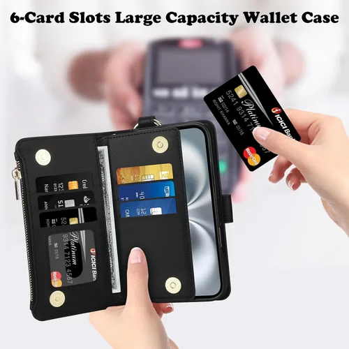 Vista 3 de Vofolen Funda tipo cartera para iPhone 16 con tarjetero y bloqueo RFID Negro