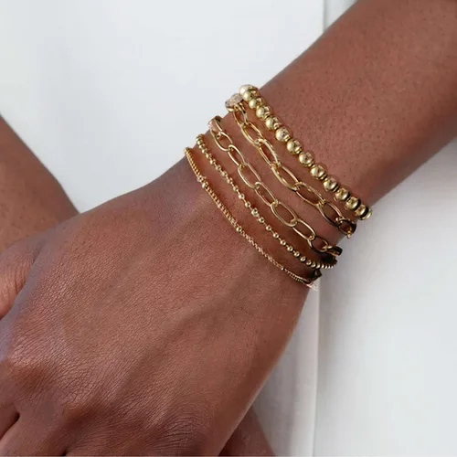 Vista 7 de KesaPlan Juego de pulseras de oro para mujer, ajustables, chapadas en oro de 14 quilates, con cuentas delicadas, juego de pulseras de eslabones