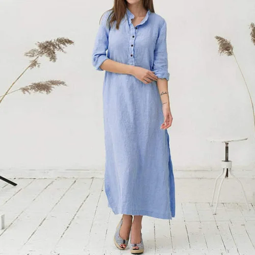 Vista 52 de Vestido de manga larga para mujer, casual, de algodón, lino, con botones, maxivestidos tipo caftán, blanco y azul
