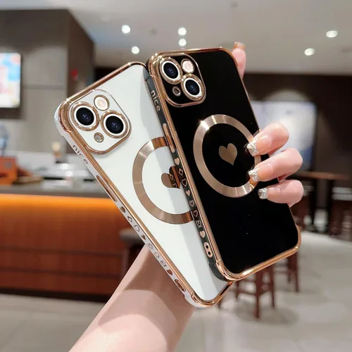 Vista 8 de Funda magnética para iPhone 13, para mujeres y niñas, chapado de lujo, lindo corazón de amor, cubierta trasera suave, protección completa de lente