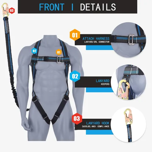 Vista 2 de Kit de protección contra caídas de arnés de seguridad, arnés de seguridad de cuerpo completo de 3 puntos con cordón interno de absorción de impactos