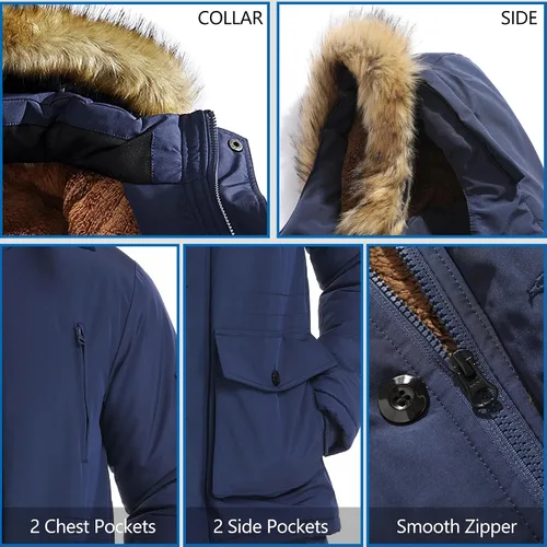 Vista 4 de JYG - Chaqueta de invierno gruesa para hombre, parka acolchada con capucha extraíble de piel sintética Azul