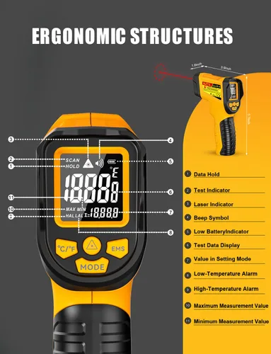 Vista 7 de NJTY Pistola Termómetro Infrarrojo, -58℉ a 1472℉, Alta Precisión, Sensor de Temperatura Láser Sin Contacto con Pantalla LCD Retroiluminada
