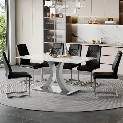 Vista 13 de Juego de mesa de comedor de mármol para 4, moderna mesa de oro blanco de 63 pulgadas con patas de marco de forma intercambiable y sillas de comedor