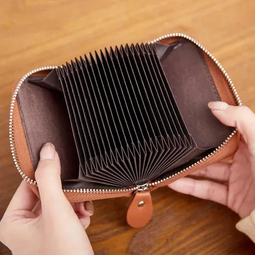 Vista 8 de Tarjetero de tarjetas de crédito con cremallera para mujer bloqueo RFID fundas para tarjetas de visita para mujer marrón