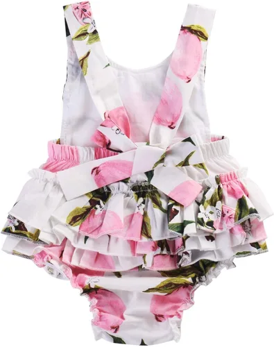 Vista 8 de Mameluco de verano con diseño floral y volantes para niña bebé, con diadema