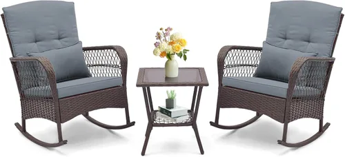Vista 10 de ORALNER Juego de 3 mecedoras de mimbre para muebles de patio, sillas mecedoras para exteriores con cojines, almohadas, mesa de centro de cristal