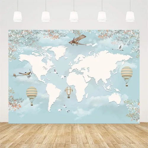 Vista 2 de Sendy Fondo de viaje de 7 x 5 pies, decoración de fiesta de baby shower, mapa del mundo alrededor del mundo, aventura espera avión, cumpleaños