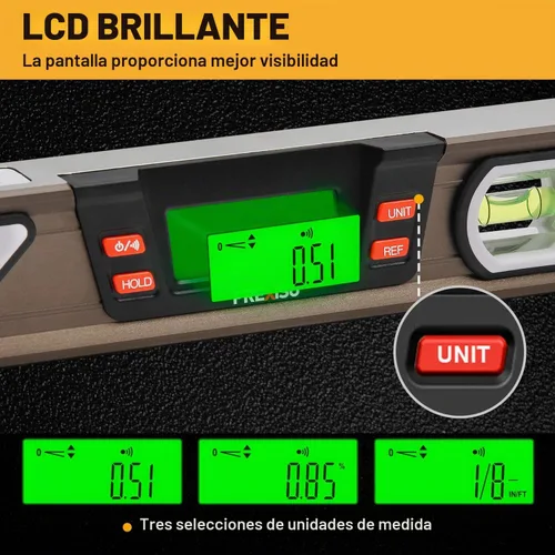 Vista 2 de PREXISO Nivel Digital, 11.5'', Inclinación Angular con Pantalla LCD, Inclinómetro de Burbuja Electrónico de 360°, Burbuja de Nivel Vertical