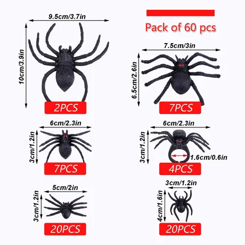 Vista 2 de JIALWEN 60 arañas de plástico realistas, juguetes de araña falsa negra y anillos de araña, juguetes de araña, accesorios de broma de Halloween