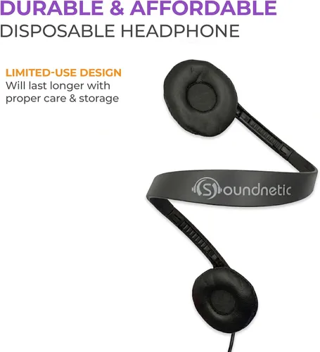 Vista 6 de Soundnetic SNCCV - Paquete de 10 auriculares estéreo con almohadillas de cuero sintético y control de volumen, color negro, ideales para escuelas