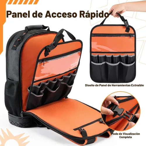 Vista 5 de Mochila de herramientas Golkcurx, mochila resistente para herramientas, bolso de herramientas de 1680D para electricistas, con base moldeada