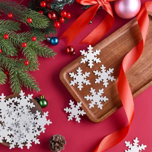Vista 5 de Skylety 100 piezas de confeti grande de copo de nieve de 1.97 pulgadas, confeti de Navidad con purpurina de doble cara, decoración de mesa de fiesta