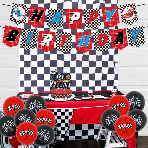 Vista 4 de Sursurprise Suministros para fiesta de 2º cumpleaños de coche de carreras, dos globos rápidos, decoración de pastel, pancarta de feliz cumpleaños