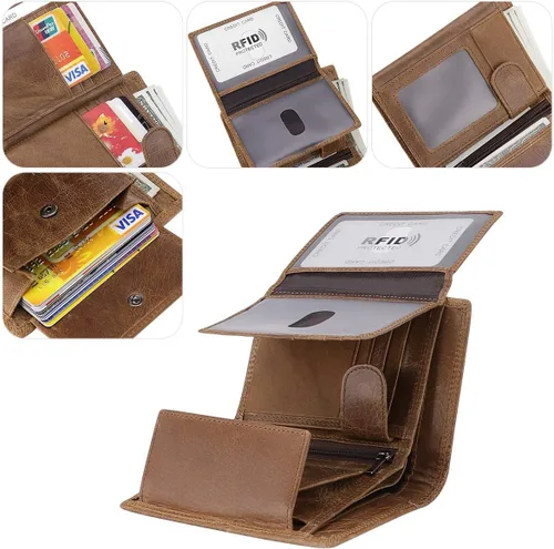 Vista 3 de Billetera de cuero vacuno con bloqueo RFID triple para hombres, 10 ranuras para tarjetas, 2 ventanas para identificación con bolsillo para monedas