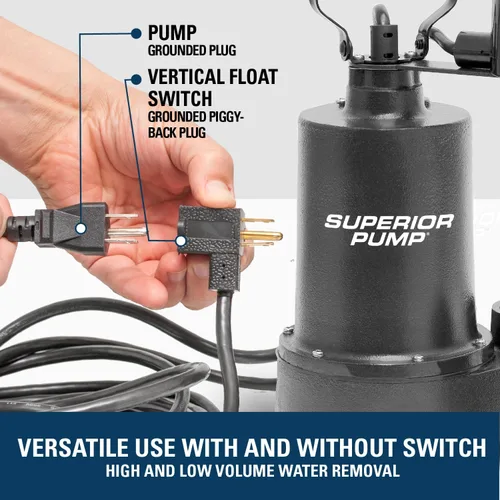Vista 6 de Superior Pump 92053 Bomba sumergible de sumidero de hierro fundido con interruptor vertical, más válvula de retención de bota de goma de 1-1/2