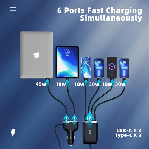 Vista 5 de 6 Puertos Múltiples Cargador de Coche USB C, Adaptador de Carga Rápida de Coche de 123W, PD 45W Compatible con iPhone17/Galaxy/Samsung S25, Cargador
