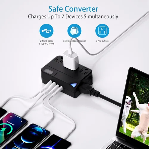 Vista 2 de Convertidor de viaje universal de 100 V-220 V, convertidor de voltaje de 250 W con 2 puertos de carga USB y 2 puertos de carga USB-C y 3 enchufes