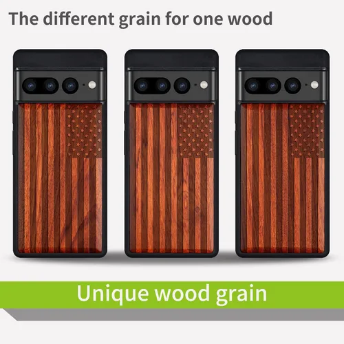 Vista 7 de Carveit Funda de madera para Pixel 7 Pro [madera natural y TPU suave negro] a prueba de golpes, funda de madera única y elegante compatible