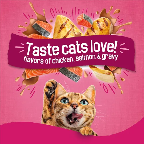 Vista 2 de Purina Friskies - Remolinos de salsa con sabores de pollo, salmón y salsa, comida seca para gatos, bolsa de 3.15 libras