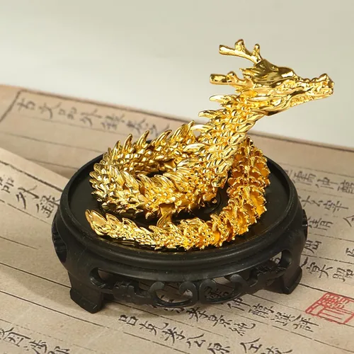 Vista 2 de Estatua y esculturas de dragón de Feng Shui de oro chino con articulaciones móviles, figuras coleccionables de dragón chino, decoración de mesa
