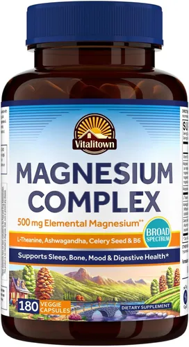 Vista 10 de Vitalitown Suplemento complejo de magnesio, glicinato de magnesio, citrato y taurato, L-teanina, Ashwagandha, semillas de apio, vitamina B6, hueso