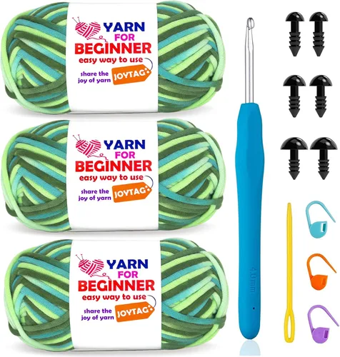 Vista 45 de Hilo de Ganchillo para Principiantes Verde Manzana Hilo de Algodón para Tejer y Tejido - Kit de Ganchillo para Principiantes - 3 * 50g