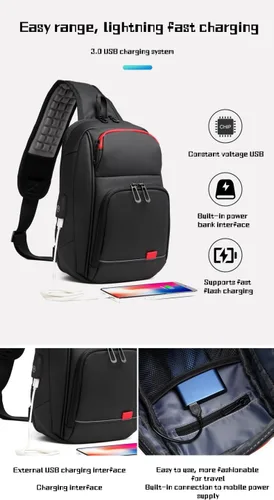 Vista 6 de CROSSBABY Bolso bandolera para hombre, mochila ligera con puerto de carga USB para caminar y senderismo, Negro -, Bandolera