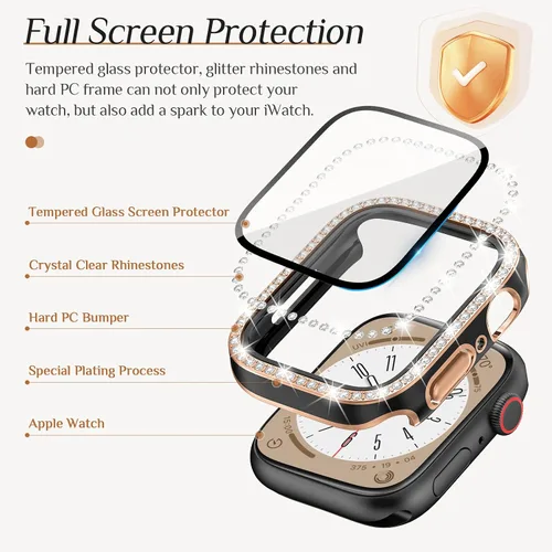 Vista 4 de Goton - Pack de 2 Fundas Bling para Apple Watch con Protector de Pantalla 40mm SE 3/2/1, Series 6/5/4, Funda con Purpurina para Mujer con Diamantes