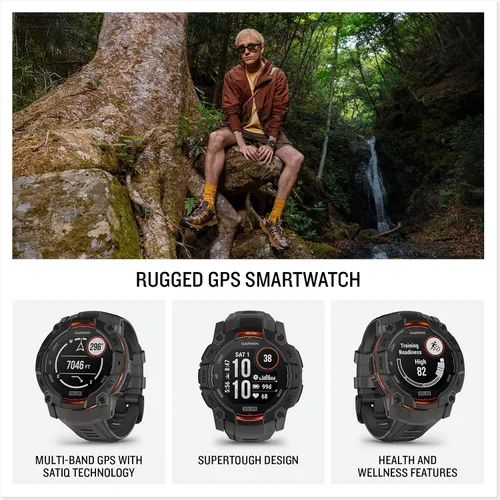 Vista 45 de Garmin Instinct® 3 45mm, pantalla AMOLED, reloj inteligente GPS resistente para exteriores, bisel reforzado con metal, linterna incorporada, hasta