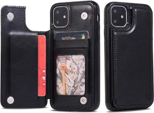 Vista 6 de UEEBAI Funda para iPhone 11 Pro Max, funda de piel sintética de lujo con [dos cierres magnéticos] [ranuras para tarjetas] función de soporte