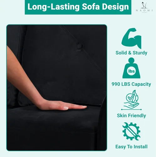 Vista 6 de Naomi Home Raelynn - Sofá de microfibra con botones, color negro Sofá de microfibra con botones de mediados de siglo con marco de madera dura