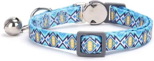 Vista 3 de Collar de gato con nombre de identificación, placa de número de teléfono, patrón floral grabado personalizado, collar de gatito con campana, azul a