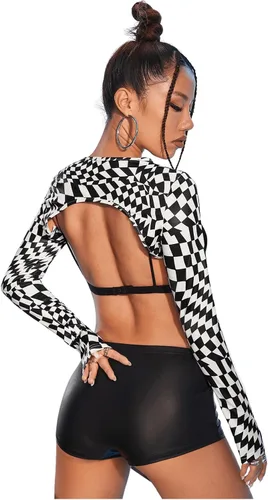 Vista 2 de SHENHE Camiseta corta con estampado gráfico de tablero de ajedrez para mujer, cuello redondo, manga larga